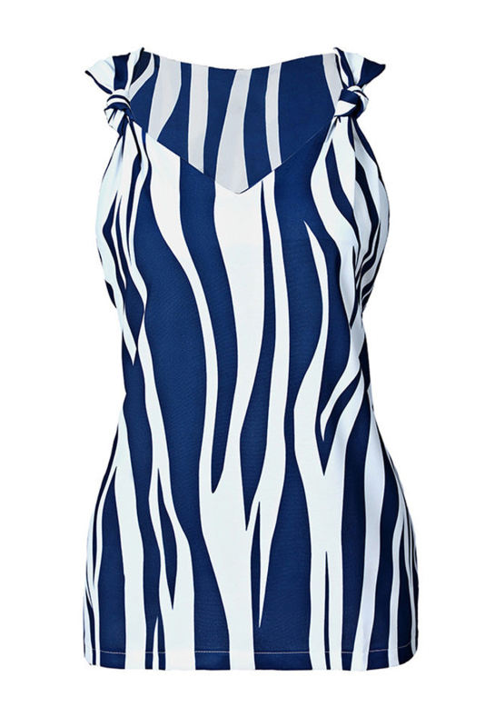 Blue Abstract Striped V Neck Knotted Straps Tank Top LC2565948-5