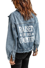 Sky Blue Raised On 90\'s Country Distressed Denim Jacket LC788244-4