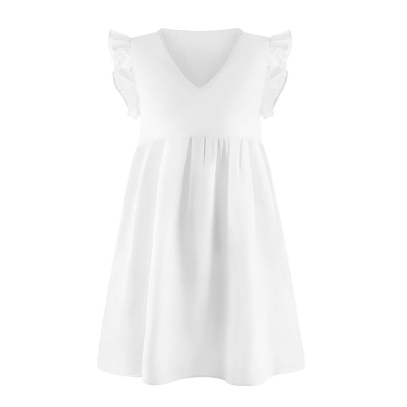 White  V-Neck Ruffle sleeve Pocketed T-shirt Dress TQK311014-1