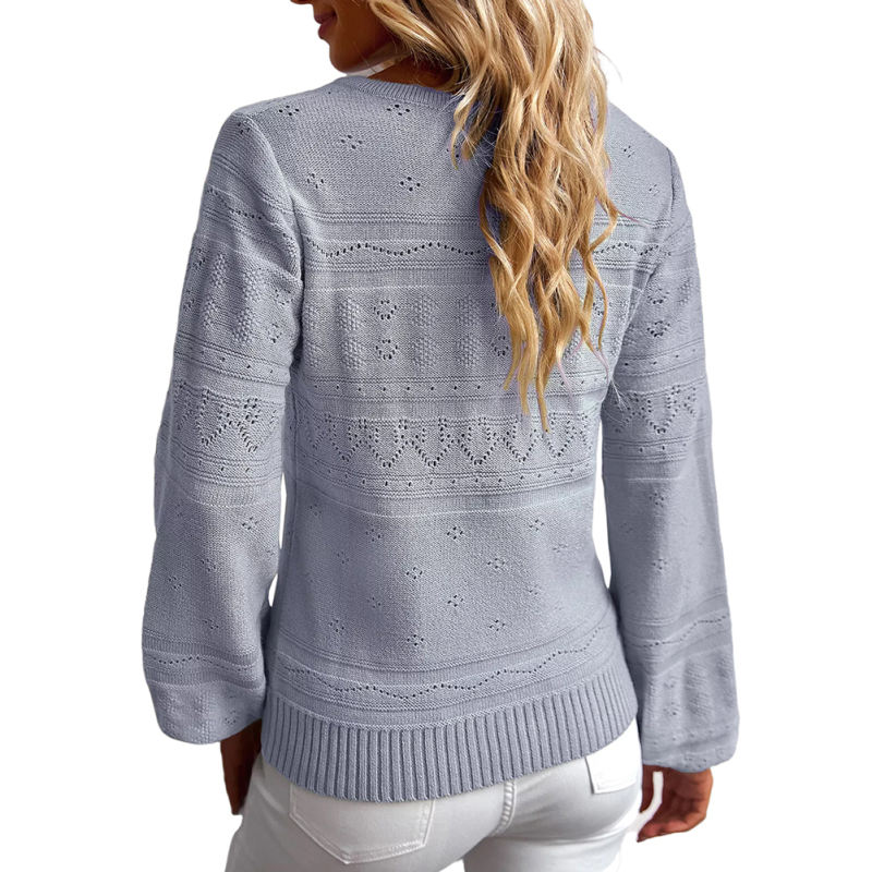 Blue V Neck Hollow-out Long Sleeve Sweater TQV270058-5