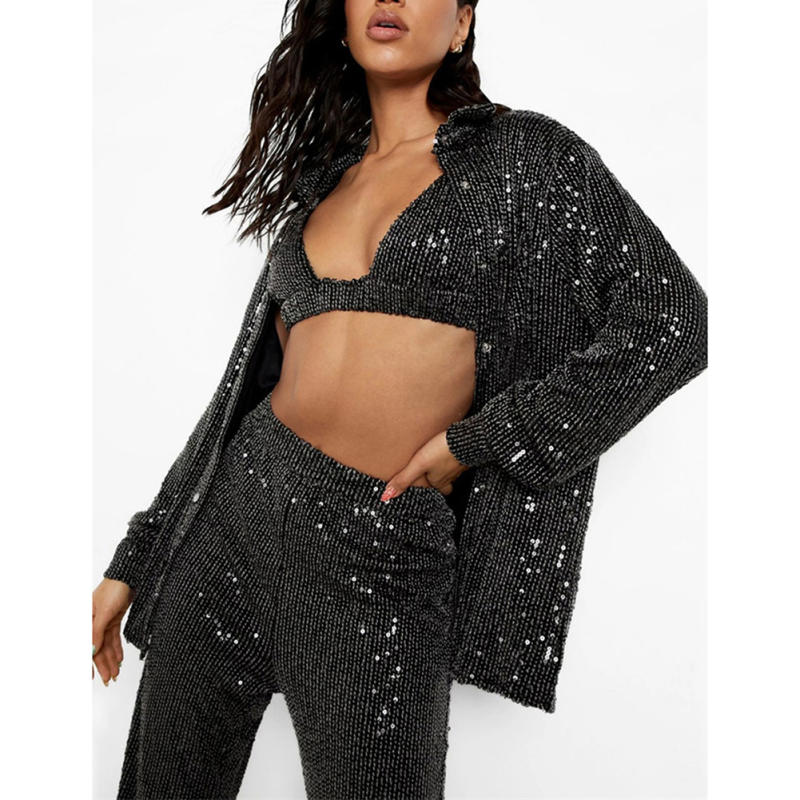 Black Sequined Shirt with Pant and Bra 3pcs Set TQF711062-2