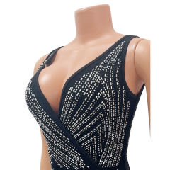 Black Rhinestone High Split V Neck Maxi Dress TQK311265-2