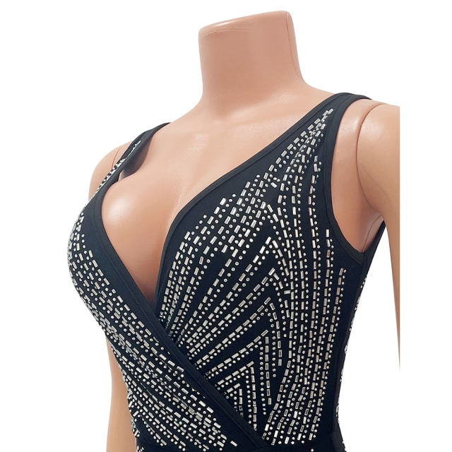 Black Rhinestone High Split V Neck Maxi Dress TQK311265-2