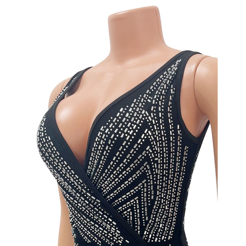 Black Rhinestone High Split V Neck Maxi Dress TQK311265-2