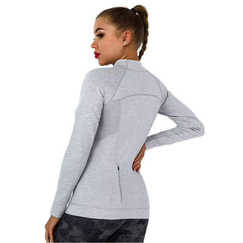 Light Gray Quick Dry Zipper Knit Tight Yoga Tops TQE91363-112