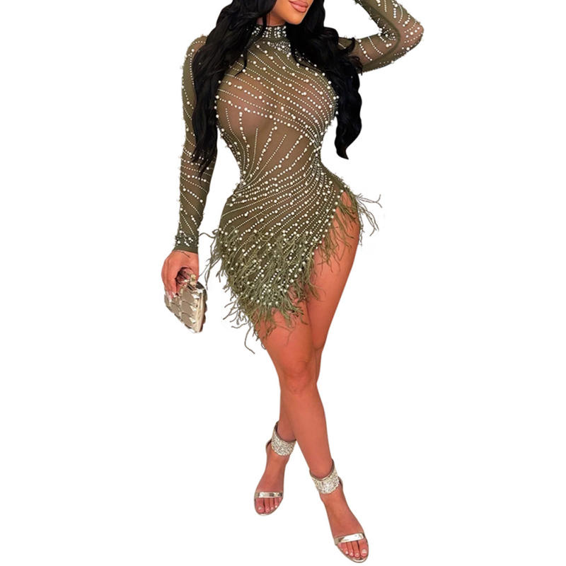 Army Green Rhinestone Beaded Feathers Hem Sheer Mesh Bodycon Dress TQK311310-27