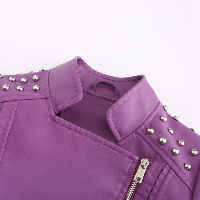 Purple Rivet Decoration Turndown Collar PU Leather Jacket TQK280137-8