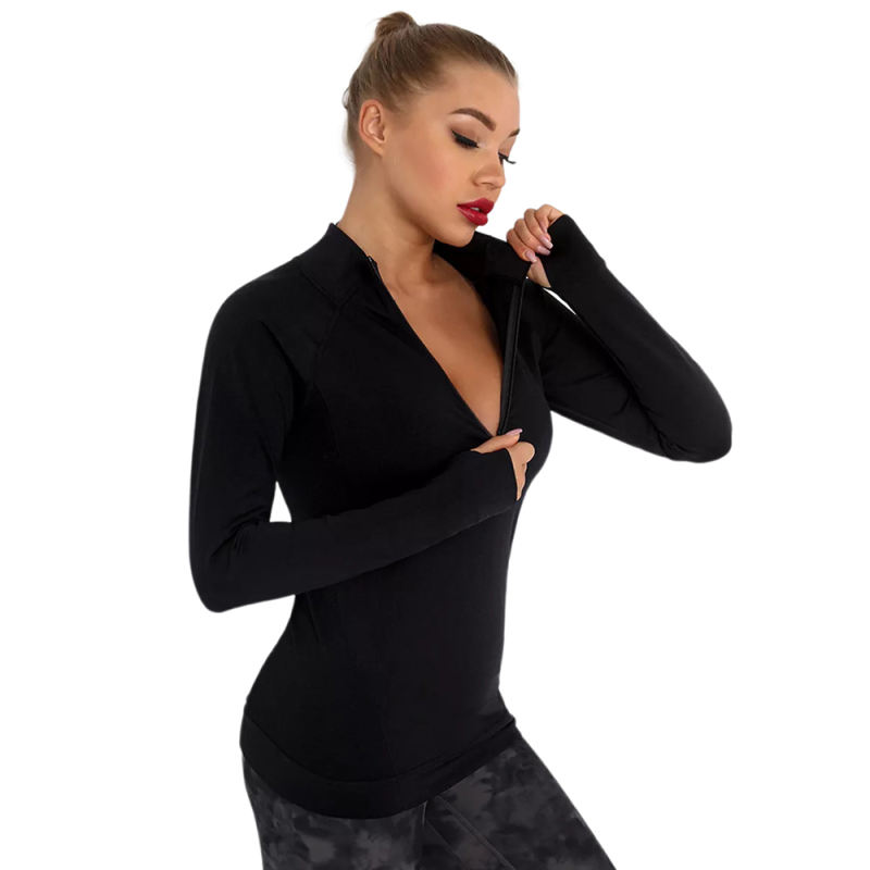 Black Quick Dry Zipper Knit Tight Yoga Tops TQE91363-2