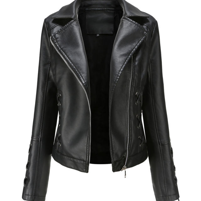 Black Zipper &amp; Bandage PU Leather Jacket TQK280142-2