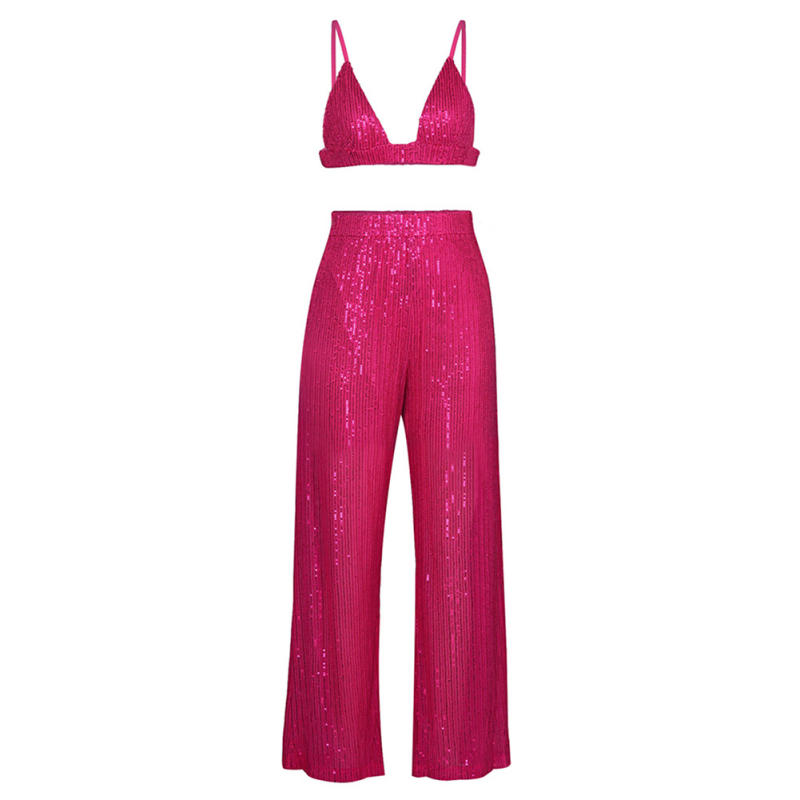 Rosy Sequined Shirt with Pant and Bra 3pcs Set TQF711062-6