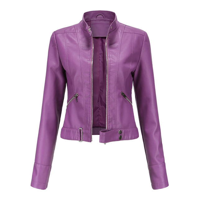 Purple PU Stand Collar Short Leather Jacket TQK280124-8