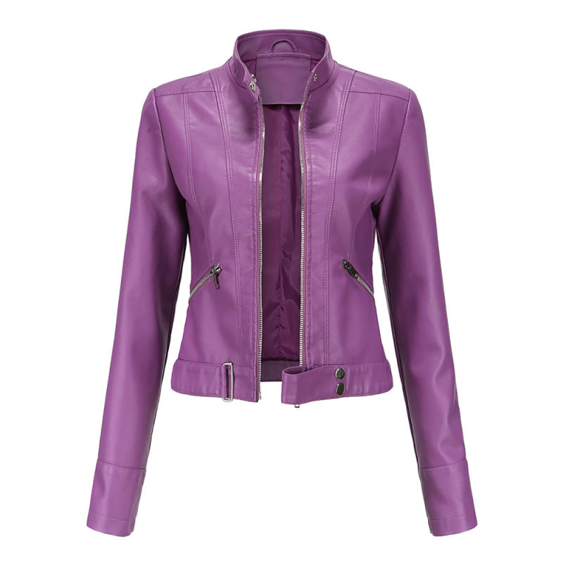 Purple PU Stand Collar Short Leather Jacket TQK280124-8