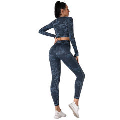 Blue Camo Knit Seamless Long Sleeve Pant Yoga Set TQE91362-5