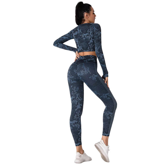 Blue Camo Knit Seamless Long Sleeve Pant Yoga Set TQE91362-5