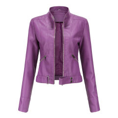 Purple PU Stand Collar Short Leather Jacket TQK280124-8