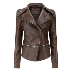 Coffee Removable Hem Leather PU Leather Jacket TQK280125-15