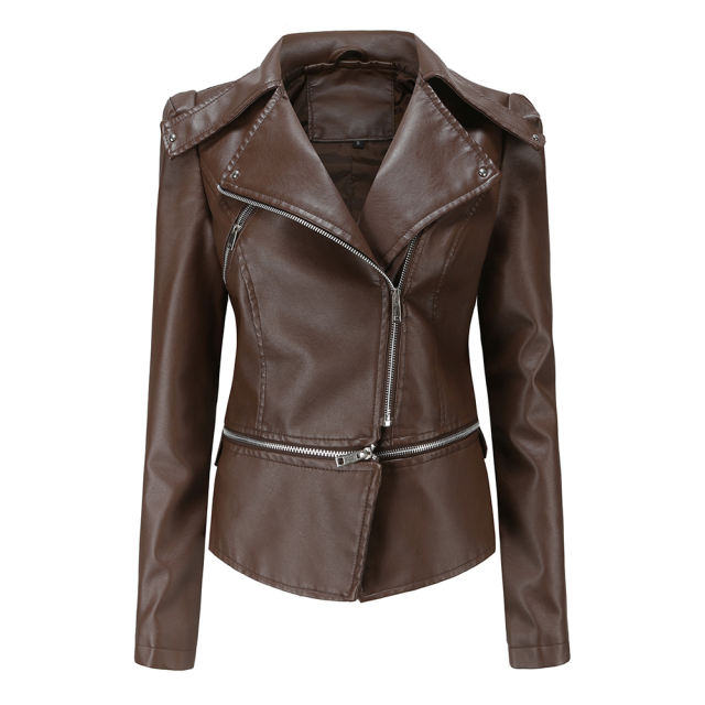 Coffee Removable Hem Leather PU Leather Jacket TQK280125-15