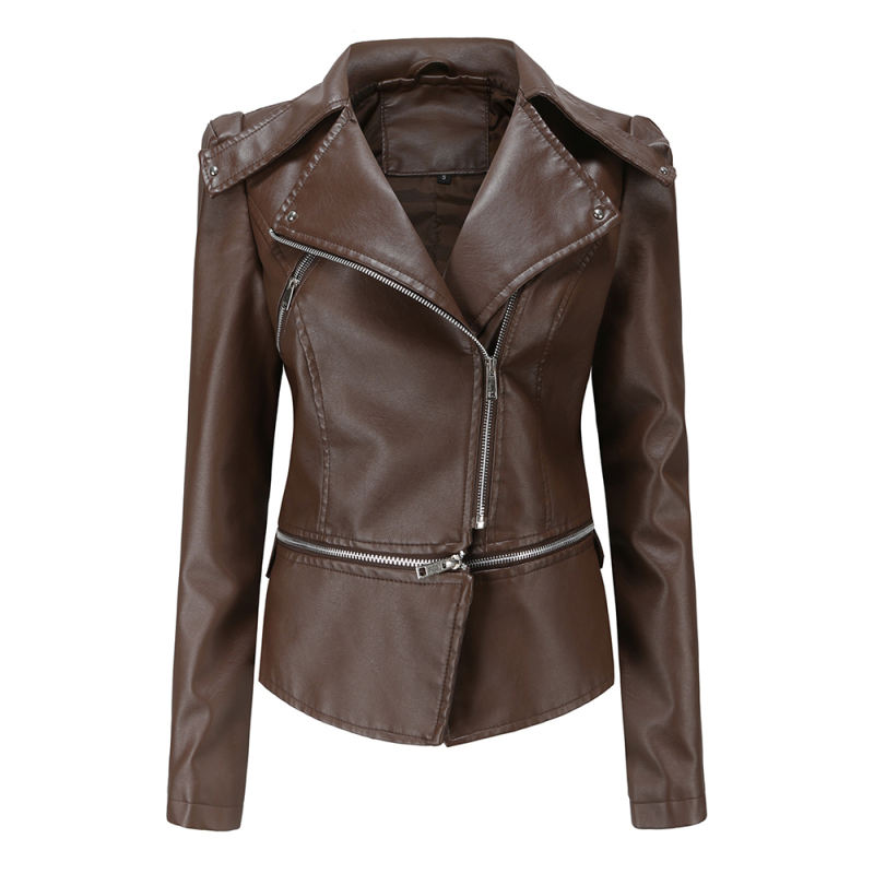 Coffee Removable Hem Leather PU Leather Jacket TQK280125-15