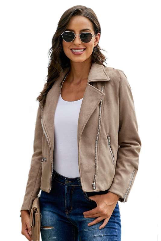 Khaki Zipped Notch Collar Short Jacket LC85294-16
