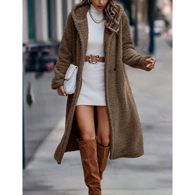 Khaki Open Front Long Sleeve Hooded Fleece Coat TQK280217-21