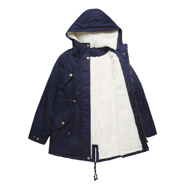 Navy Blue Waist Drawstring Plush Hooded Thick Parka Coat TQK280127-34
