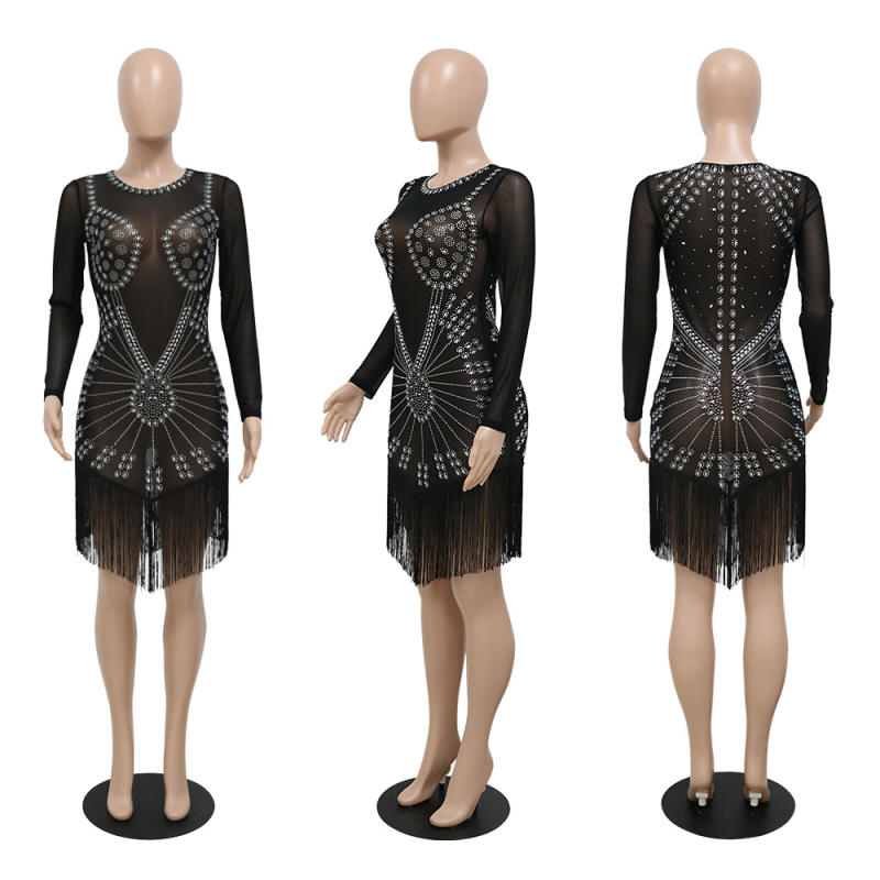 Black Rhinestones Sheer Tasseled Club Dress  TQK311254-2