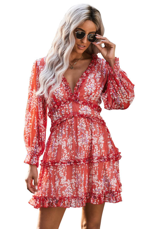 Red Ruffle Detailing Open Back Floral Dress LC220829-103