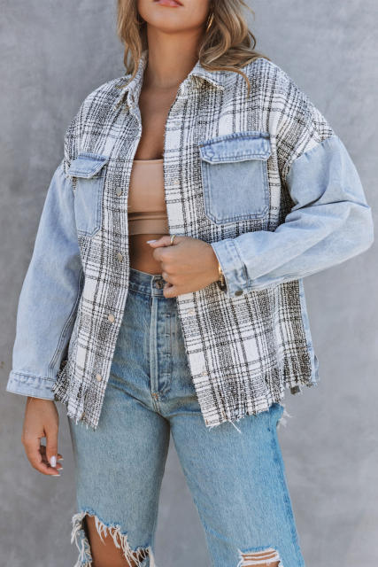 Sky Blue Plaid Patchwork Fringed Flap Pockets Denim Jacket LC854131-4