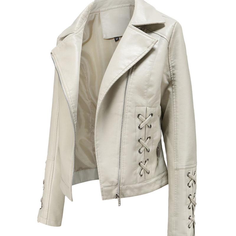 Beige Zipper &amp; Bandage PU Leather Jacket TQK280142-46