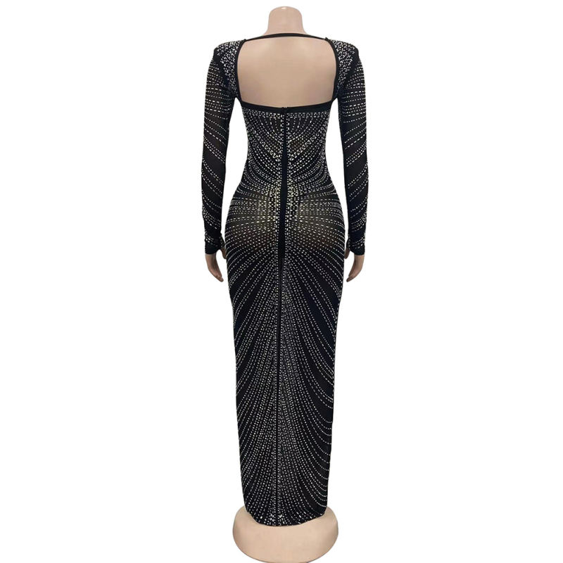 Black Padded Rhinestone Mesh Long Sleeve Maxi Dress TQK311267-2