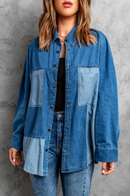 Blue Color Block Buttoned Denim Jacket LC858007-5