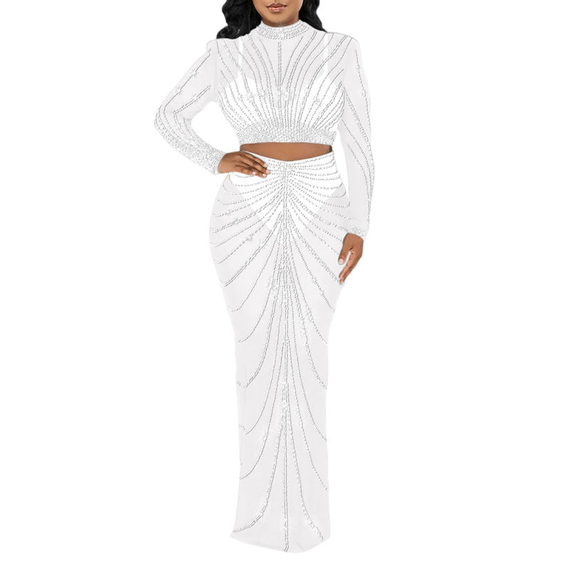 White Rhinestones Long Sleeve Crop with Maxi Skirt Set TQV810029-1