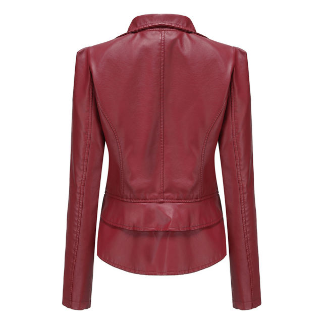Wine Red Removable Hem Leather PU Leather Jacket TQK280125-23