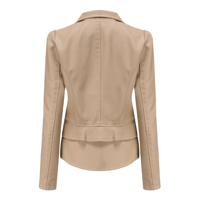 Apricot Removable Hem Leather PU Leather Jacket TQK280125-15