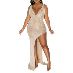Apricot Rhinestone High Split V Neck Maxi Dress TQK311265-18