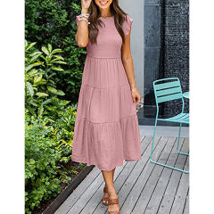Pink Ruffled Sleeve Pleated Layered Casual Dress TQV310008-10