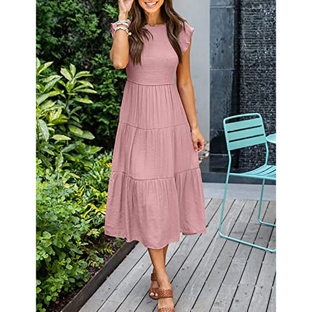 Pink Ruffled Sleeve Pleated Layered Casual Dress TQV310008-10
