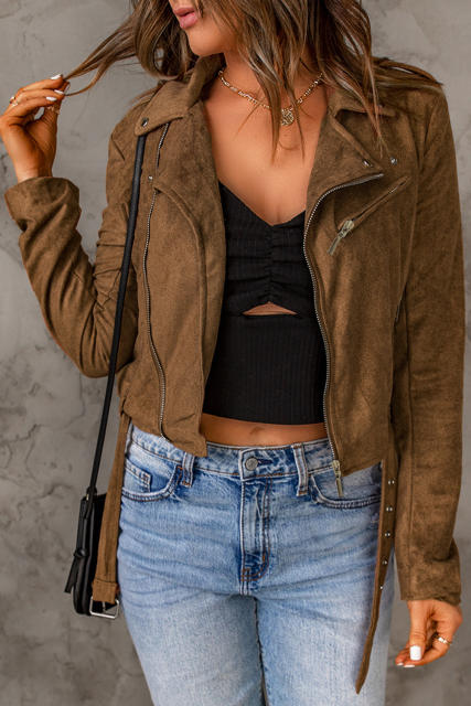 Brown Vegan Suede Zip Detail Moto Jacket LC8512406-17