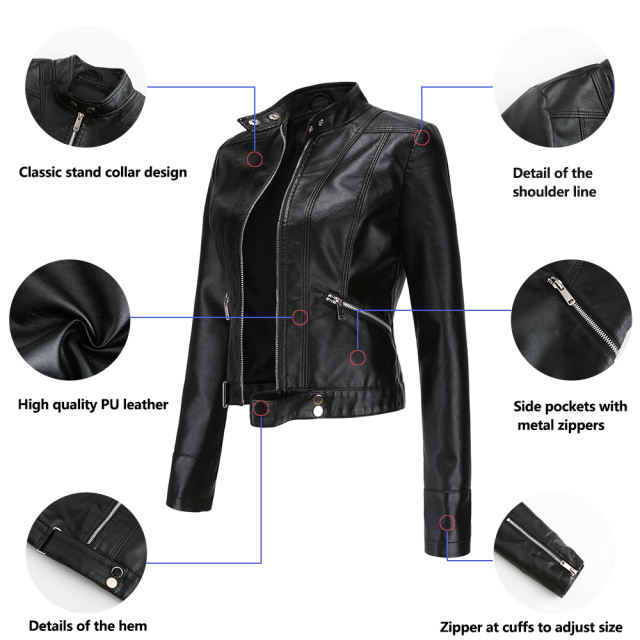 Black PU Stand Collar Short Leather Jacket TQK280124-2