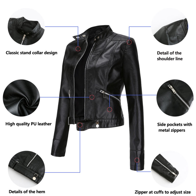 Black PU Stand Collar Short Leather Jacket TQK280124-2