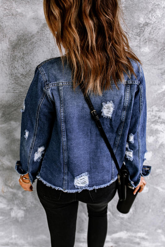 Blue Snowflake Plaid Patchwork Distressed Denim Jacket LC788257-5