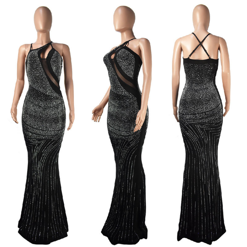 Black All-over Rhinestones Asymetric Neck Maxi Dress TQK311317-2