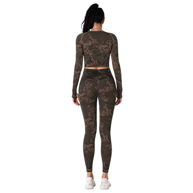 Yellow Camo Knit Seamless Long Sleeve Pant Yoga Set TQE91362-7