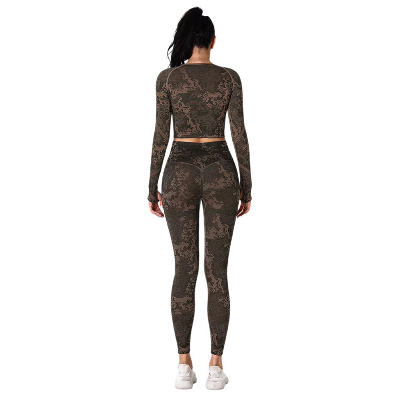 Yellow Camo Knit Seamless Long Sleeve Pant Yoga Set TQE91362-7