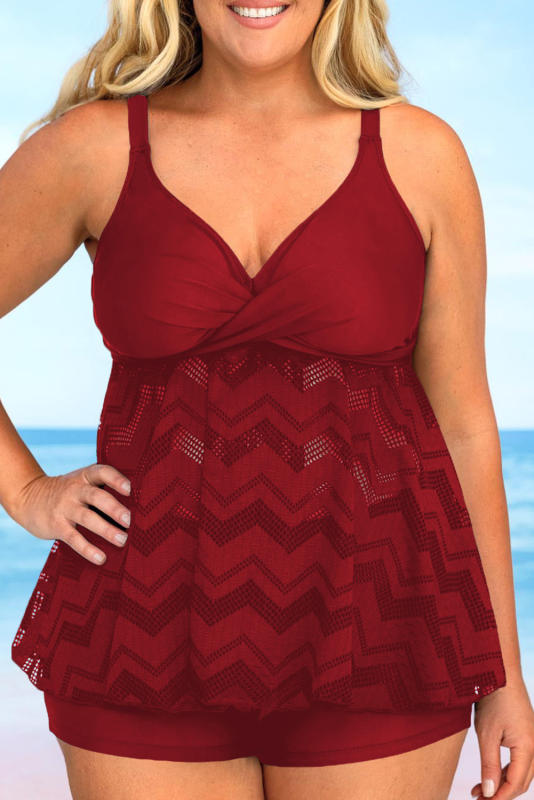 Red Ruffled Sleeveless V Neck Plus Size Swimsuit LC415306-3