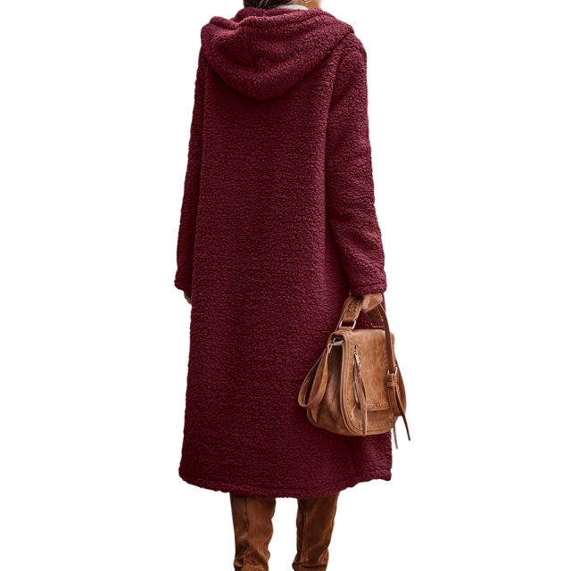 Burgundy Open Front Long Sleeve Hooded Fleece Coat TQK280217-23