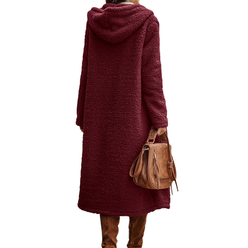 Burgundy Open Front Long Sleeve Hooded Fleece Coat TQK280217-23
