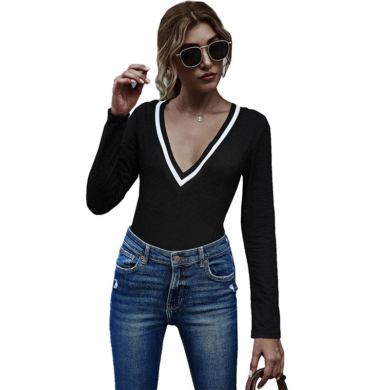 Black Cotton Blend V Neck Bodysuit TQK550198-2