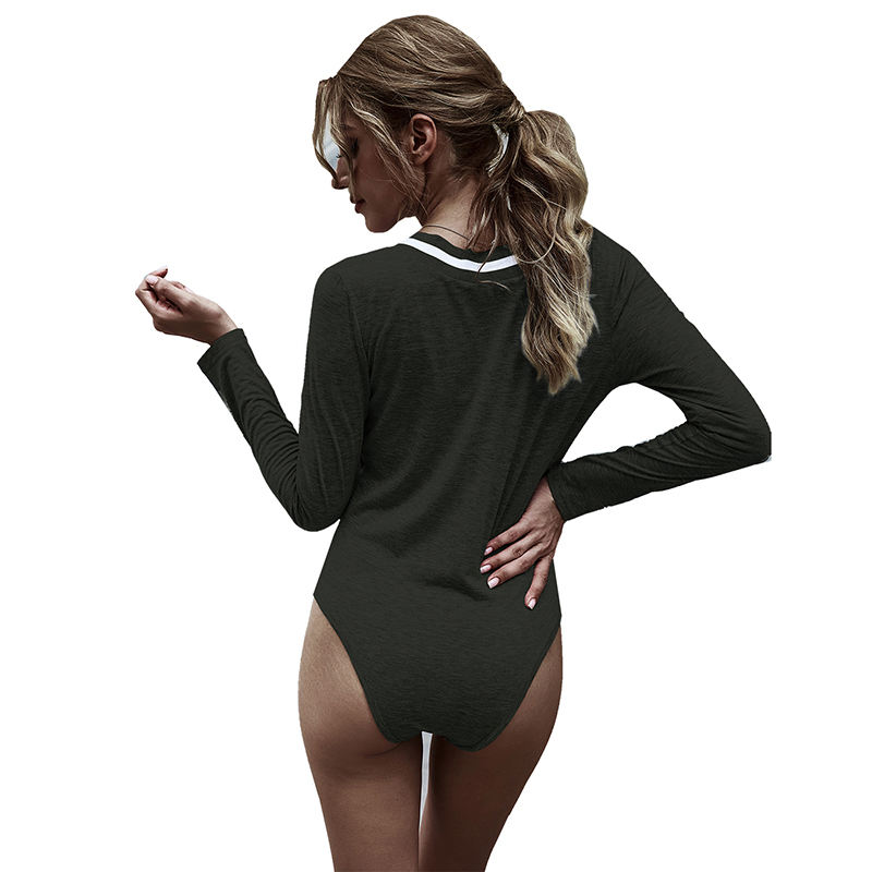 Army Green Cotton Blend V Neck Bodysuit TQK550198-27