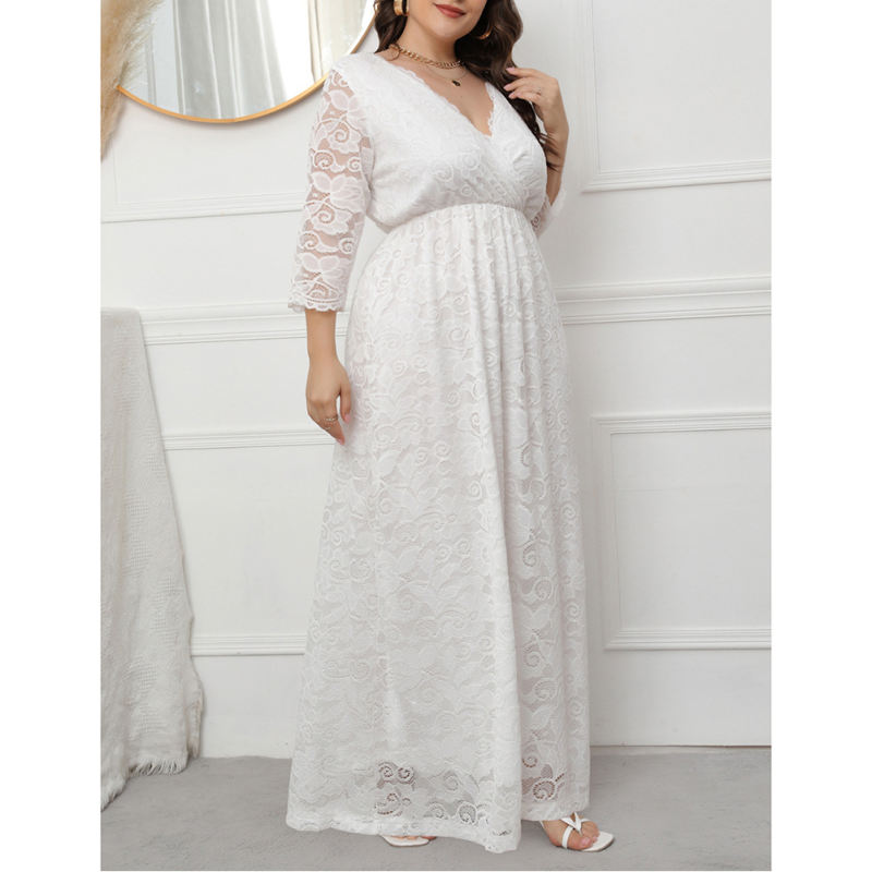 White V Neck Lace Plus Size Evening Dress TQV310004-1